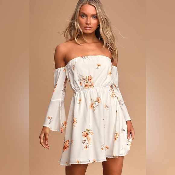 Lulus Dresses & Skirts - Lulus Lush Gardens Ivory Floral Print Off-The-Shoulder Mini Dress Women’s Size S